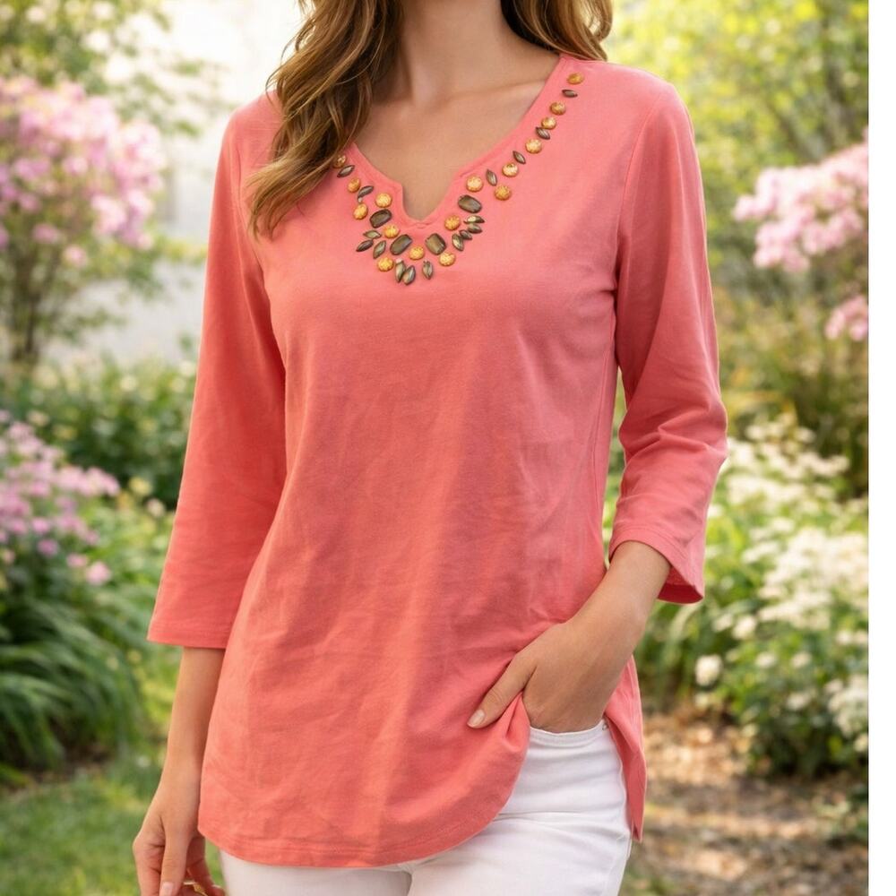 Sapphire Star women's coral embellished V-neck top Large 3/4 sleeves blouse
